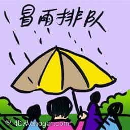 冒雨排队 queue in the rain